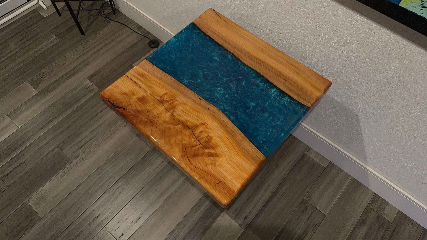 Custom Wood and Epoxy End Table - Cedar & Blue Epoxy 23" x 23"