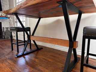Custom Dark Blue Epoxy and Redwood Live Edge Bar Table with Custom Base