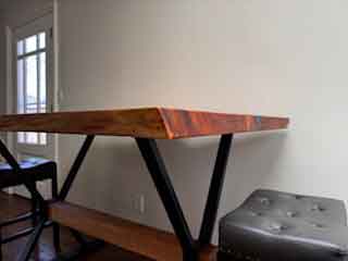 Custom Dark Blue Epoxy and Redwood Live Edge Bar Table with Custom Base