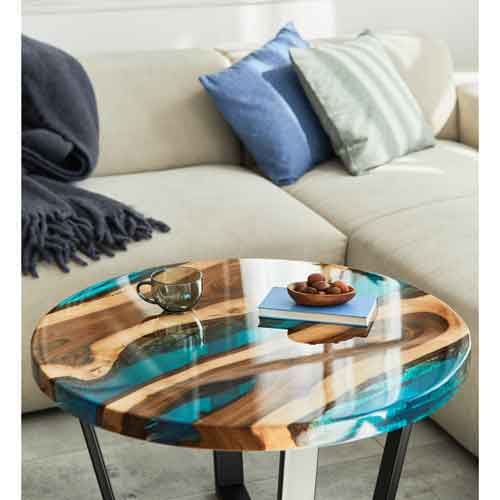 Live Edge Wood and Light Blue Round Modern Coffee Table Front View