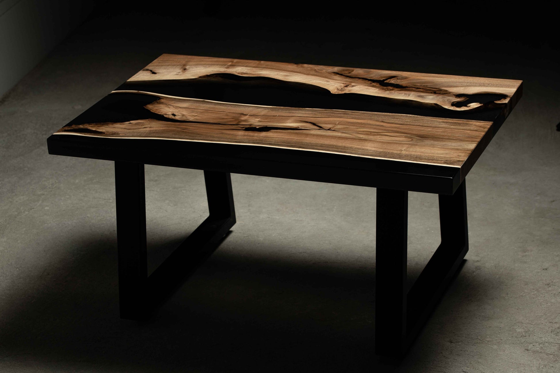 Wood and Black Epoxy Modern Live Edge Small Coffee Table with Metal Base Front View