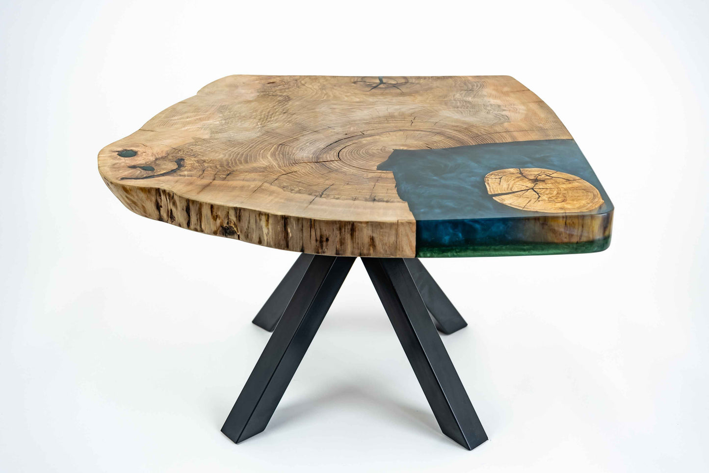 Wood and Blue Epoxy Side Table Modern Design with Black Metal Legs Front View