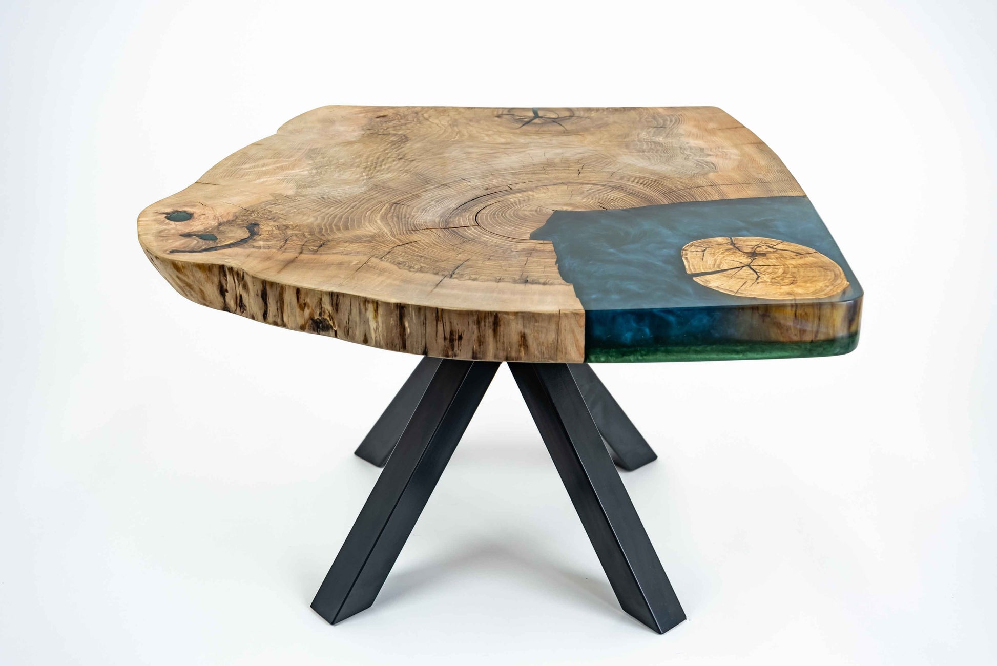 Wood and Blue Epoxy Side Table Modern Design with Black Metal Legs Front View