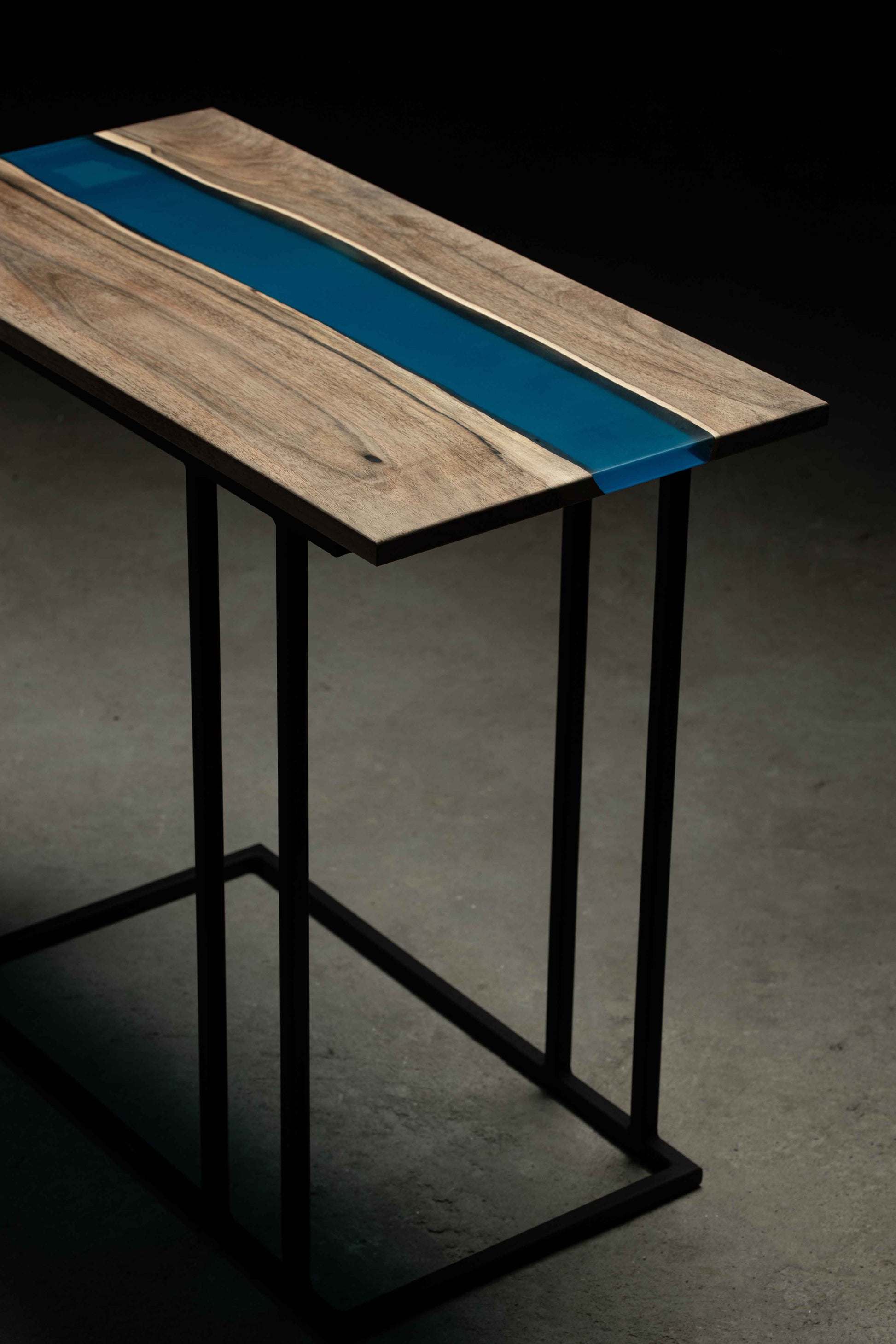 Wood and Blue Epoxy Tall  End Table with Straight River table design Modern Square legs Front View