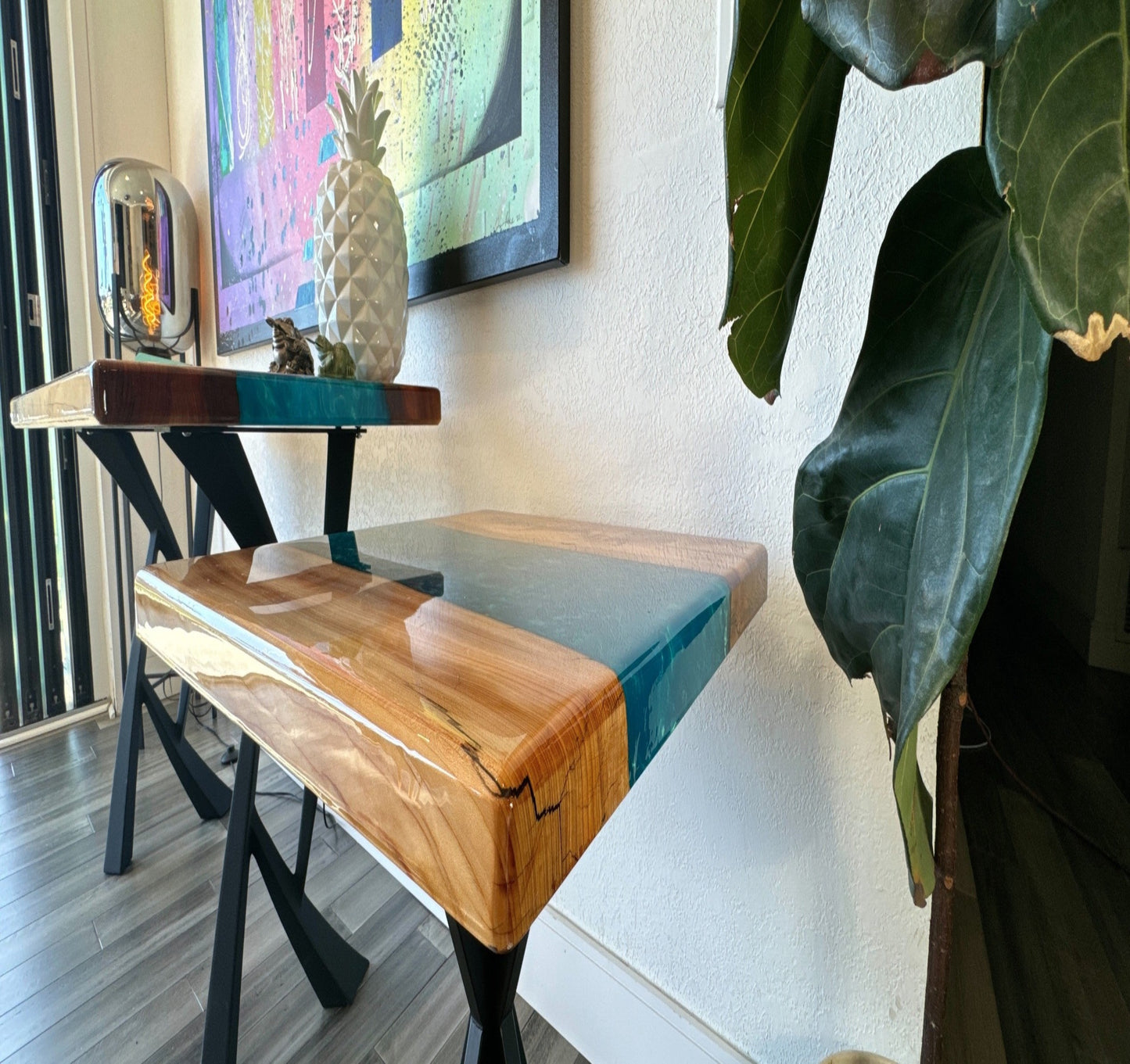 Custom Wood and Epoxy End Table - Cedar & Blue Epoxy 23" x 23"