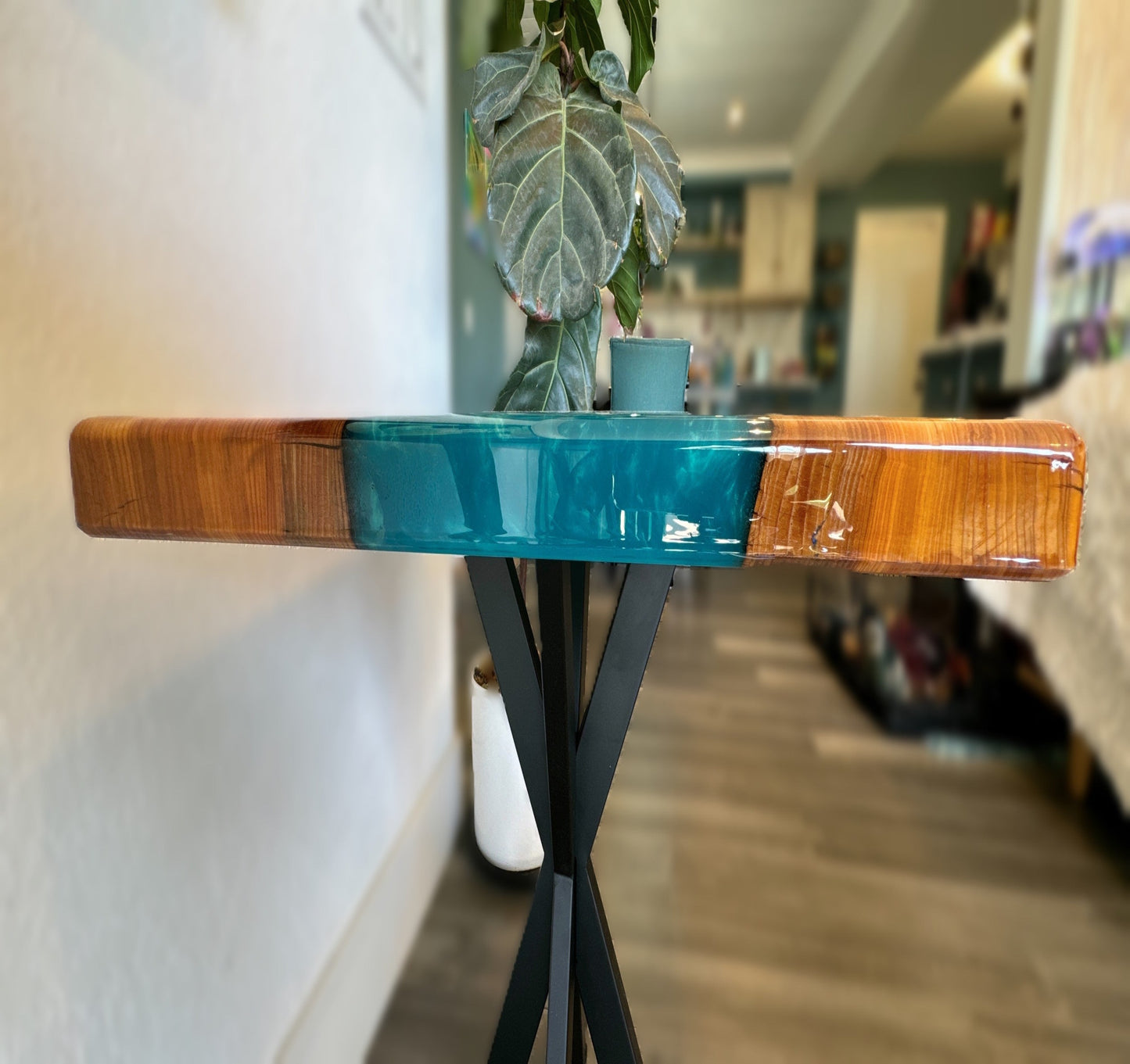 Custom Wood and Epoxy End Table - Cedar & Blue Epoxy 23" x 23"