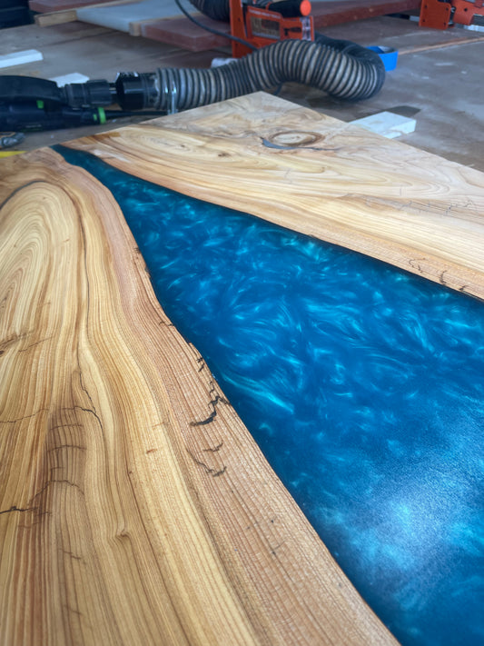 Epoxy River Table Blue Epoxy and Light Cedar Wood