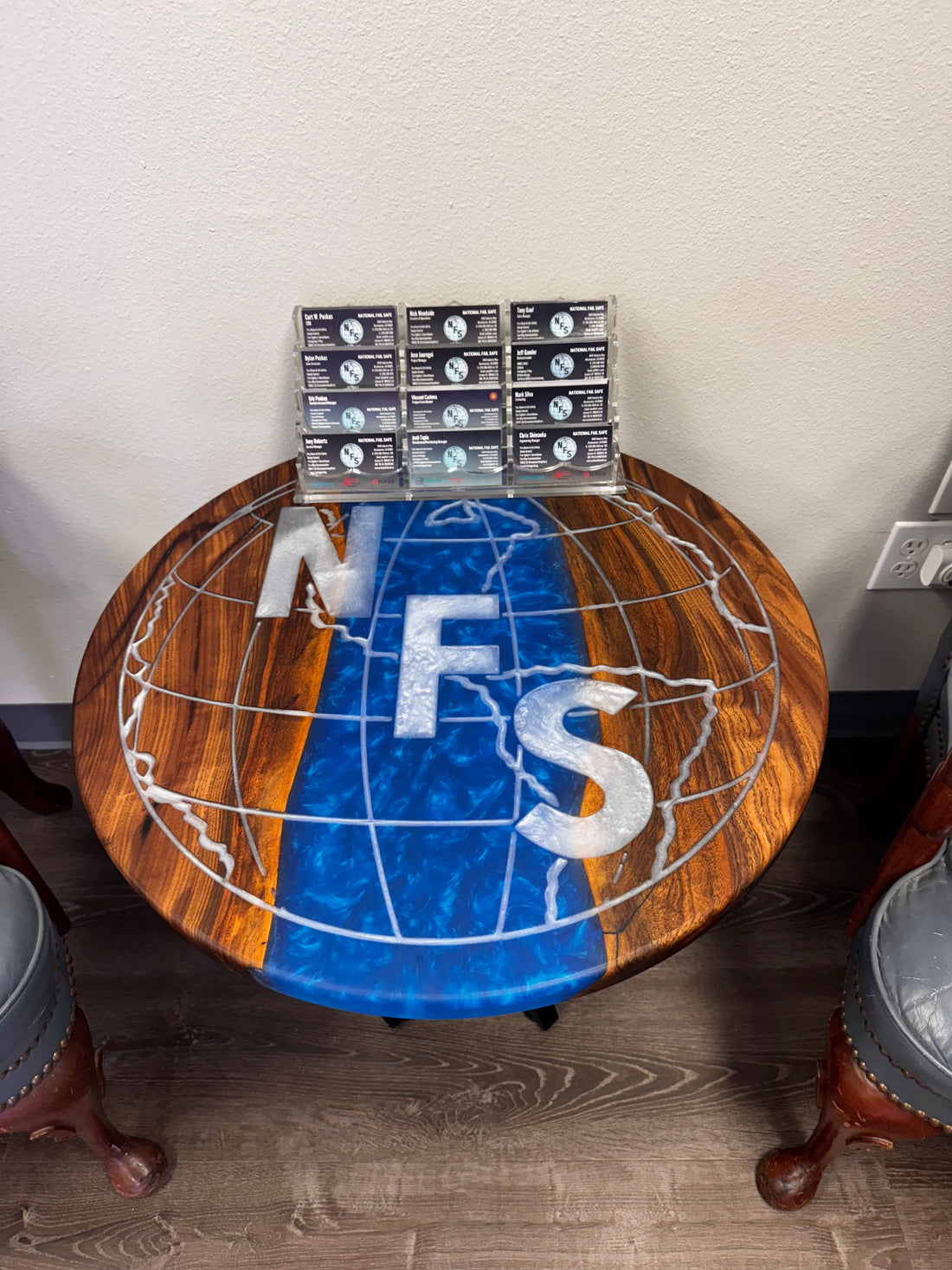 Custom Round Epoxy River Table with Engraved Logo | Orange County