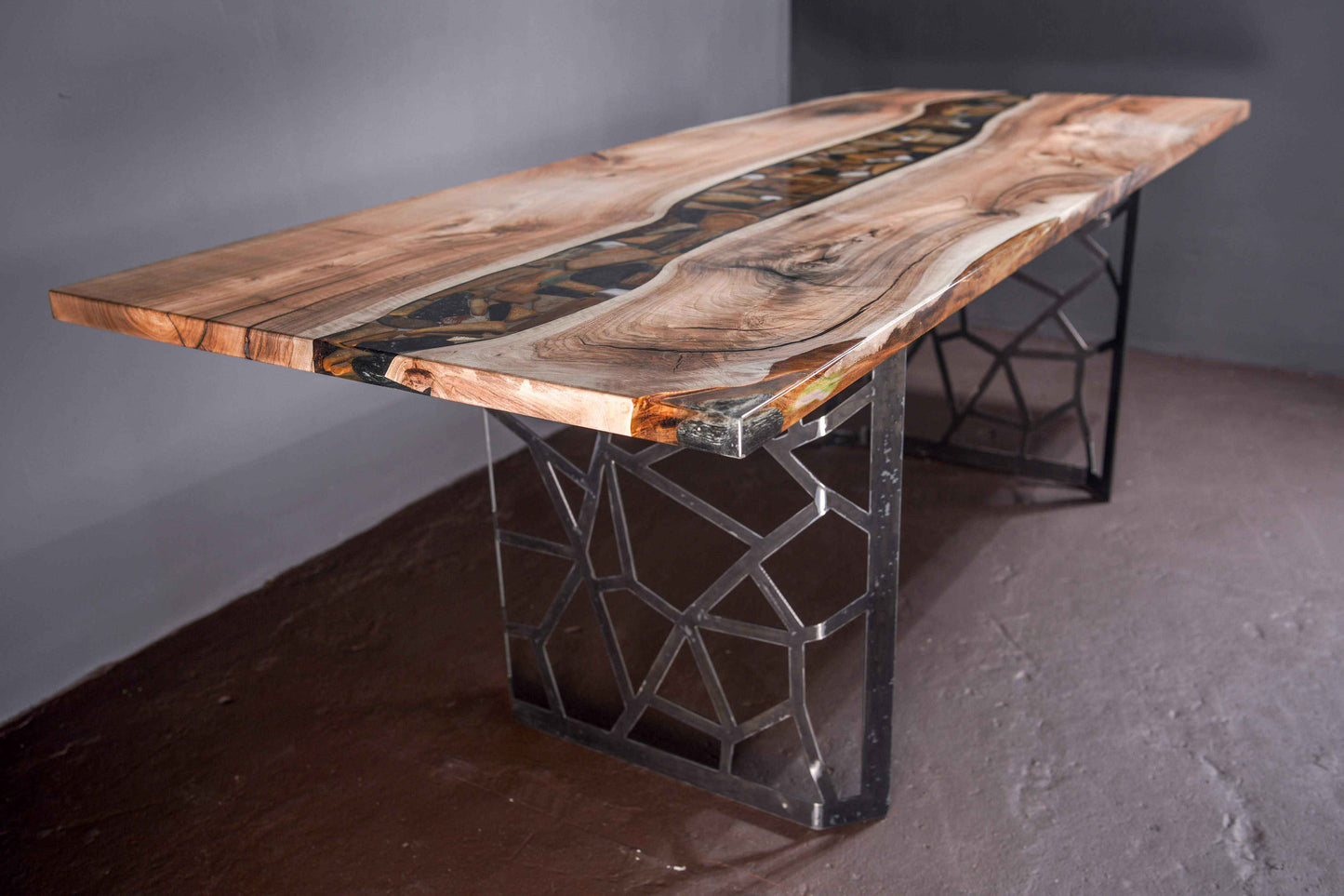 Custom Wood and Black Epoxy Resin Live Edge Dining Table with Metal Base Front View