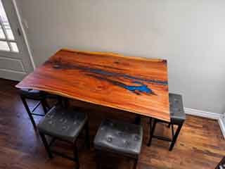 Custom Dark Blue Epoxy and Redwood Live Edge Bar Table with Custom Base