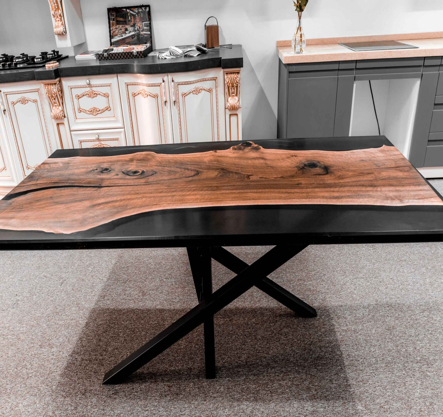 Dining Room Table Black Epoxy Resin and Wood Live Edge River Table with Modern Metal Base Front View