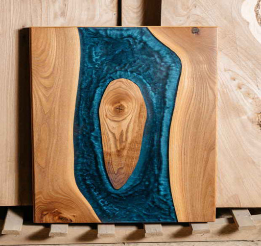 Epoxy and Wood Live Edge Shelves with Blue Resin Front View