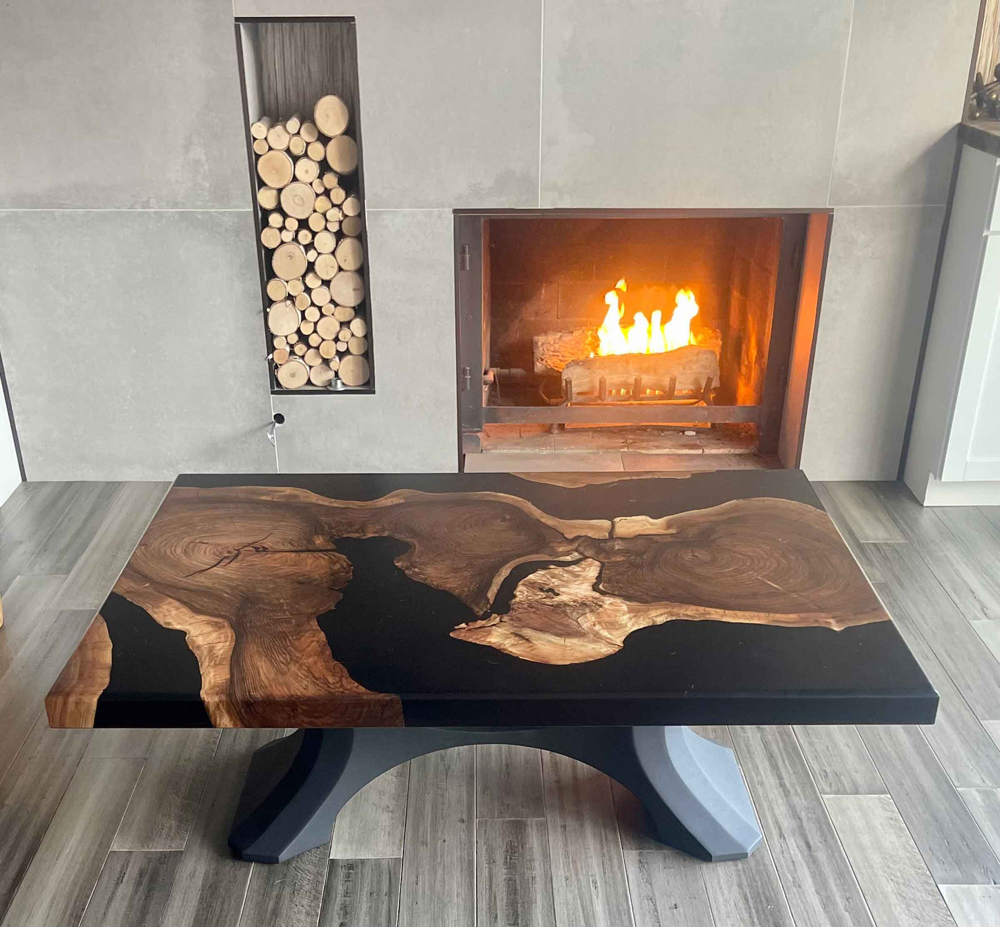 Walnut and Black Epoxy Custom Made Live Edge Coffee Table with Black Metal Powder coated base 47 by 34 inches Front View