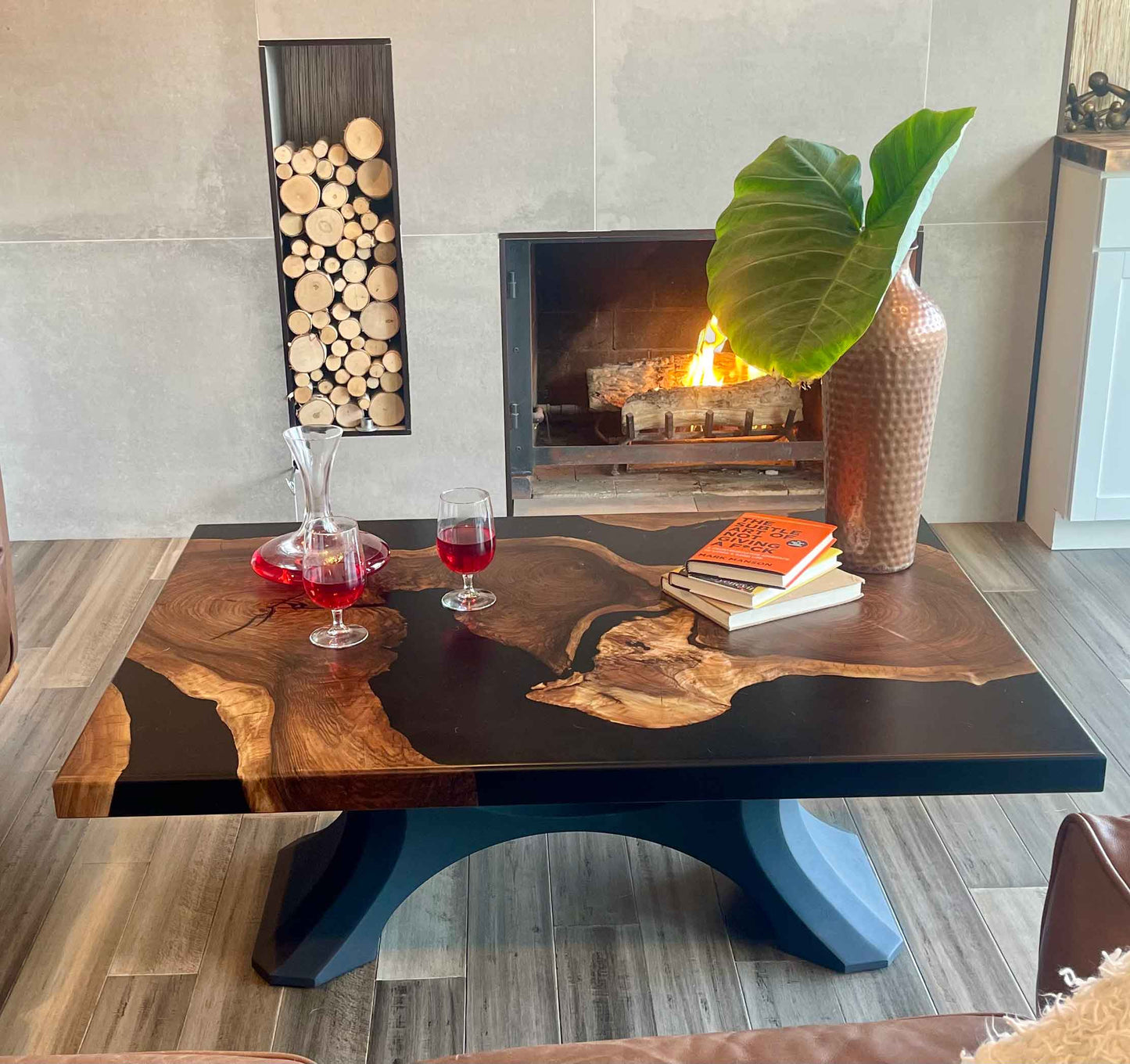 Walnut and Black Epoxy Live Edge Hand Made Coffee Table with Black Metal Powder Coated Base Decorative Front View