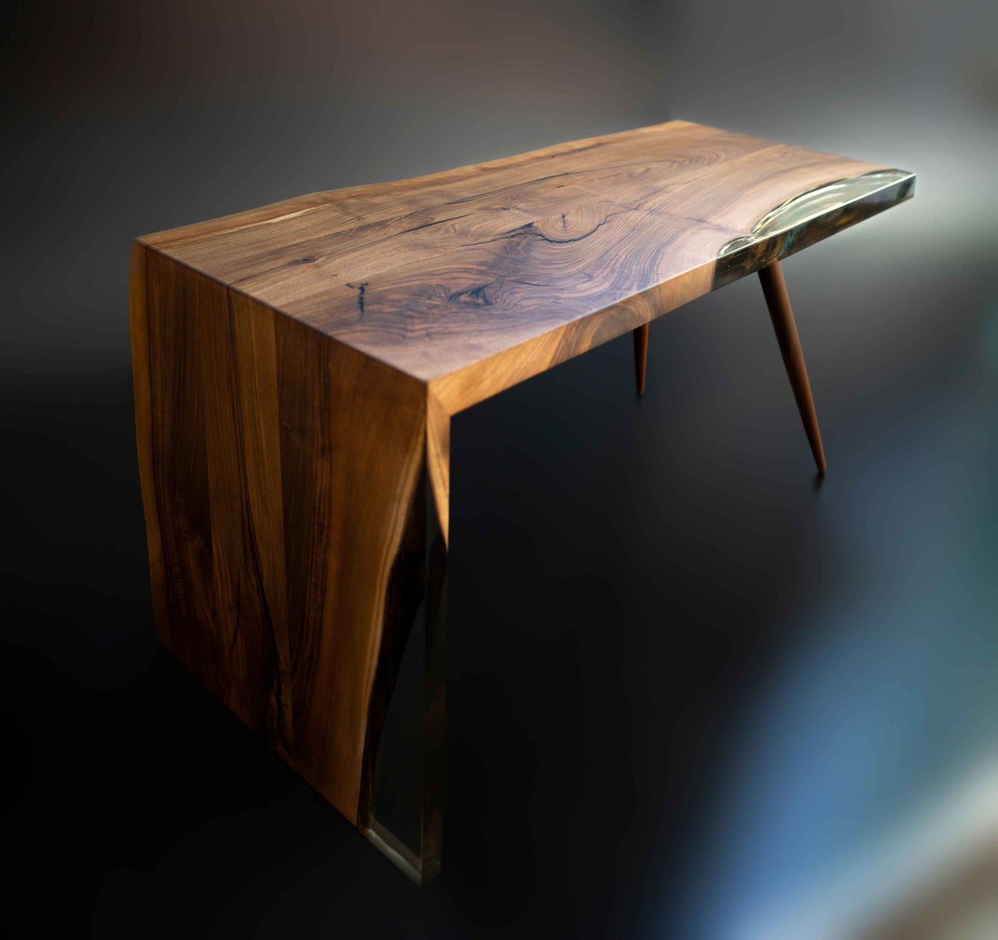 Waterfall Edge Wood and Black Epoxy Large Rustic Table Front View