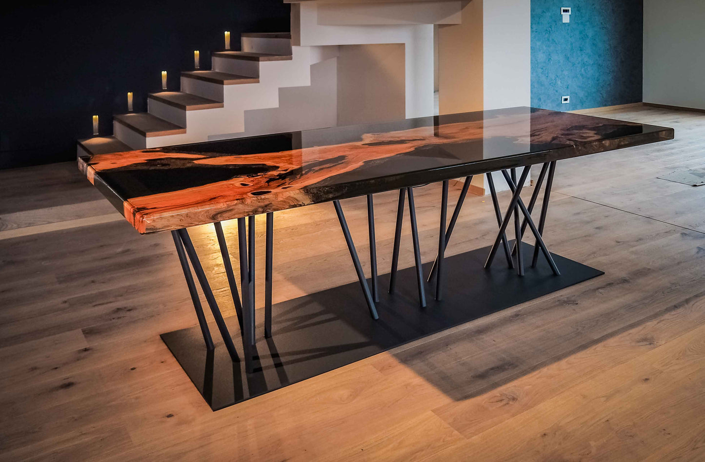 Wood and Black Epoxy Live Edge Dining Room Table with Unique Black Modern Base Front View