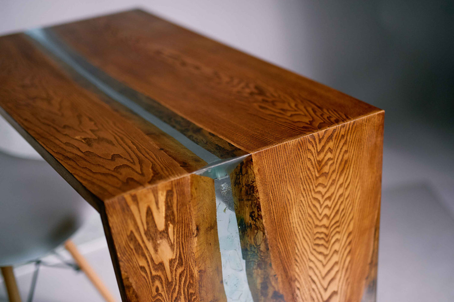 Wood and Clear Epoxy Waterfall Edge Table Side View