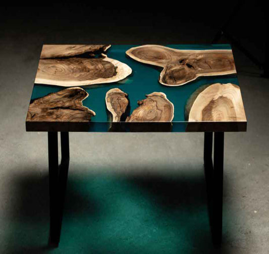 Wood and Green Epoxy Coffee Table Pond Design Front View