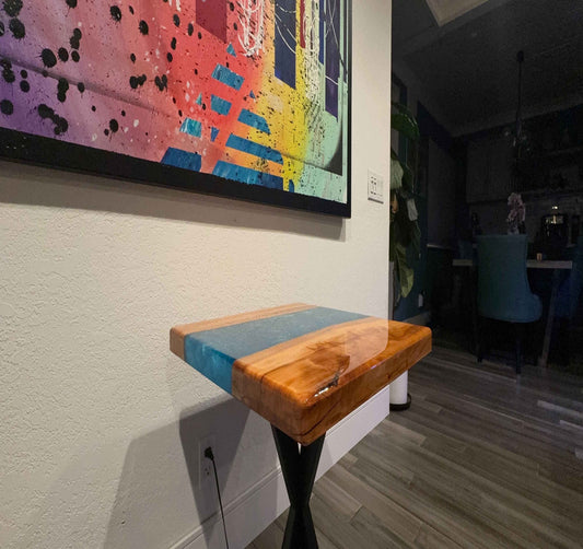 Custom Wood and Epoxy End Table - Cedar & Blue Epoxy 23" x 23"